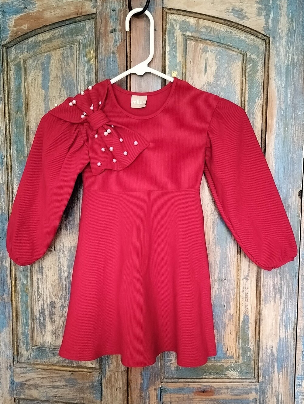 Milon Red Ribbed Cotton Knit Holiday Dress Pearl Embellished Shoulder Bow 4T